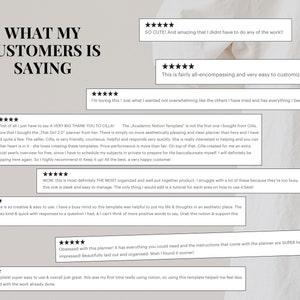 May include: A collection of customer testimonials about a digital planner. The testimonials highlight the planner's ease of use, organization, and helpfulness. The text includes phrases like "very easy to customize", "most definitely the most organized", and "super helpful".