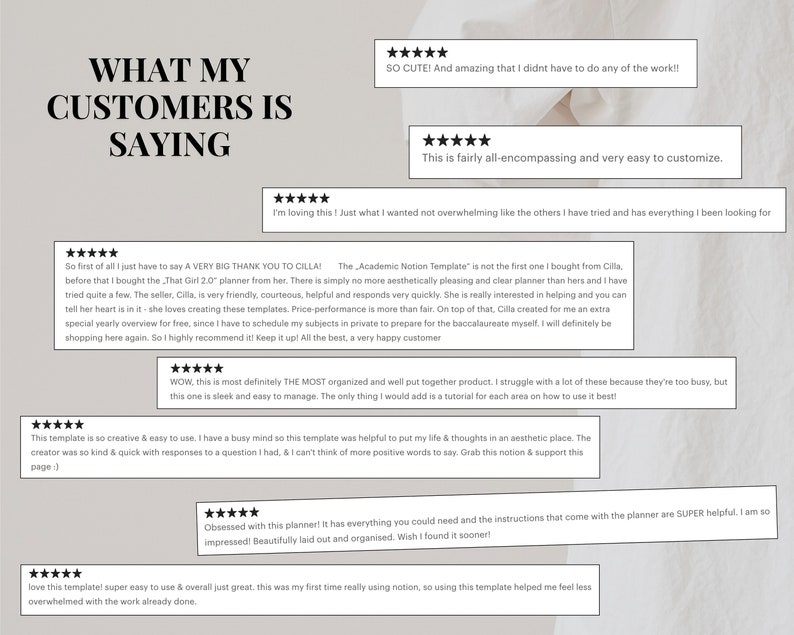 May include: A collection of customer testimonials about a digital planner. The testimonials highlight the planner's ease of use, organization, and helpfulness. The text includes phrases like "very easy to customize", "most definitely the most organized", and "super helpful".