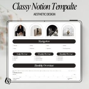 May include: A screenshot of a Notion workspace with a black and white aesthetic design. The workspace is divided into sections for daily, weekly, and monthly planning. The workspace includes a navigation bar with options for wellness, productivity, fitness, organization, and nutrition. The workspace also includes a monthly overview calendar.