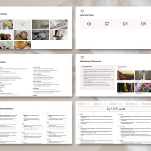 May include: A printable worksheet with a light brown background and pink hearts. The worksheet is divided into sections with headings such as "Vision Board", "Quarterly Goals", "Reflections", "Milestones & Memories", "Monthly Breakdown", and "My Yearly Goals".
