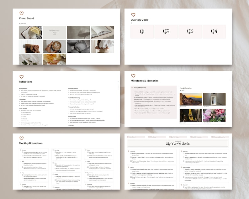 May include: A printable worksheet with a light brown background and pink hearts. The worksheet is divided into sections with headings such as "Vision Board", "Quarterly Goals", "Reflections", "Milestones & Memories", "Monthly Breakdown", and "My Yearly Goals".