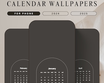 Puede incluir: Tres fondos de pantalla de calendario digital para teléfonos, con los meses de enero, febrero y abril. Los calendarios son de estilo minimalista con un fondo gris oscuro y texto blanco.