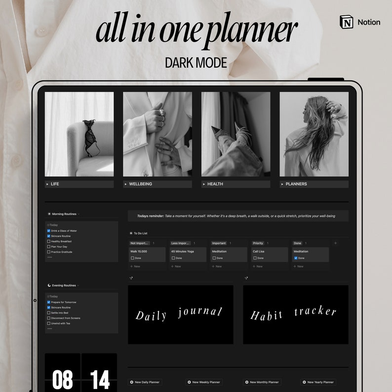 Notion template minimalist black planner