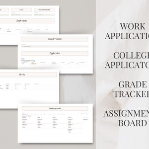 May include: Printable planner pages for organizing college applications, work applications, grades, and assignments. The pages are white with black text and are designed to help students stay organized and on track.