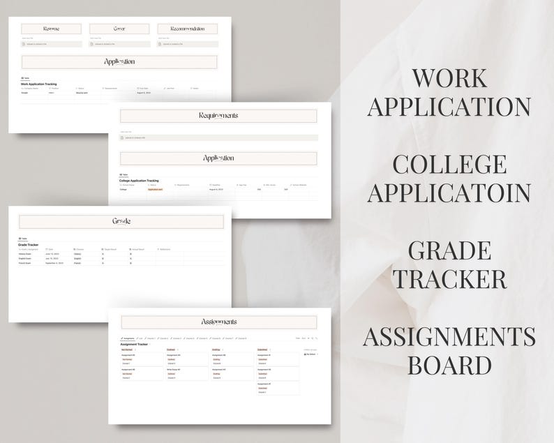 May include: Printable planner pages for organizing college applications, work applications, grades, and assignments. The pages are white with black text and are designed to help students stay organized and on track.