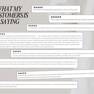 May include: A collage of customer reviews for a digital planner template. The reviews are positive and highlight the ease of use, organization, and aesthetic appeal of the template. The text includes phrases like "SO CUTE!" and "This is fairly all-encompassing and very easy to customize."