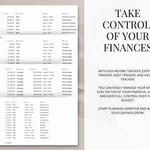 May include: A printable budget tracker with sections for income, expenses, debt, and savings. The tracker includes columns for month, amount, category, date, and notes. The text "Take Control of Your Finances" is at the top of the page.