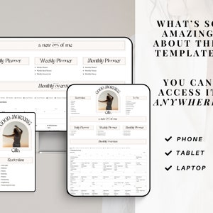 May include: A digital planner template with a minimalist design. The template includes daily, weekly, and monthly planner sections. The text "a new era of me" is at the top of the template. The template is displayed on a laptop, tablet, and phone.