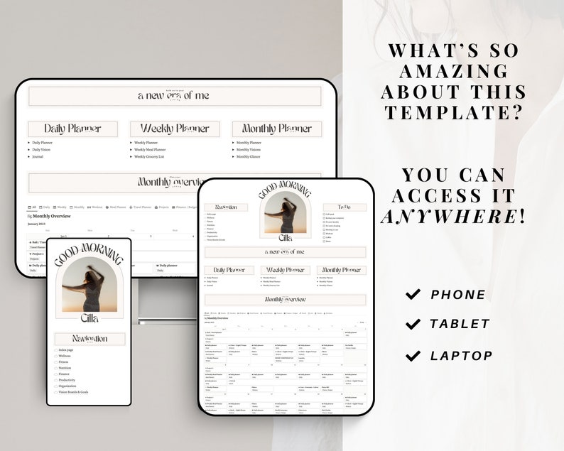 May include: A digital planner template with a minimalist design. The template includes daily, weekly, and monthly planner sections. The text "a new era of me" is at the top of the template. The template is displayed on a laptop, tablet, and phone.