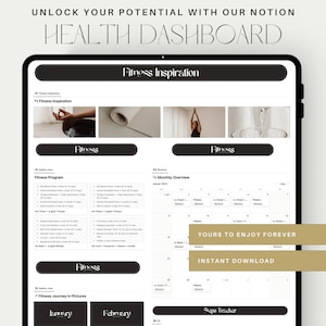May include: A digital fitness dashboard displayed on a tablet. The screen shows a fitness program, monthly overview, and fitness journey pictures. The text includes "Fitness Inspiration", "Yours to Enjoy Forever", and "Instant Download".