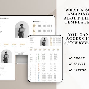May include: A black and white image of a woman using a laptop computer. The text "FINANCE DASHBOARD" is at the top of the screen. The text "WHAT'S SO AMAZING ABOUT THIS TEMPLATE?" and "YOU CAN ACCESS IT ANYWHERE!" is on the right side of the image. Below the text are check marks with the words "PHONE", "TABLET", and "LAPTOP".