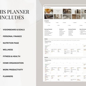 May include: A digital planner with a white background and black text. The planner includes sections for vision board and goals, personal finance, nutrition, wellness, fitness and health, home organization, work productivity, and planners. The planner also includes a weekly and monthly calendar.