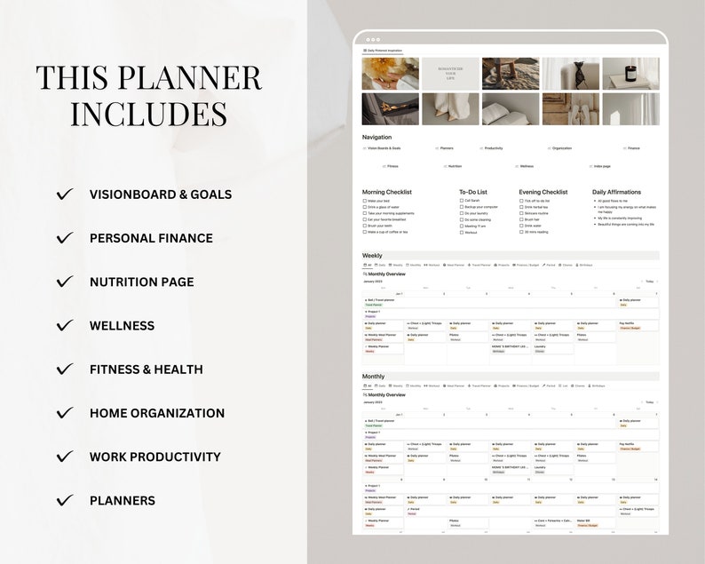 May include: A digital planner with a white background and black text. The planner includes sections for vision board and goals, personal finance, nutrition, wellness, fitness and health, home organization, work productivity, and planners. The planner also includes a weekly and monthly calendar.