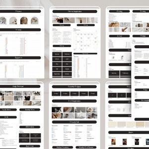 May include: A set of printable planner pages with a minimalist aesthetic. The pages include sections for daily, weekly, and monthly planning, as well as sections for tracking expenses, meals, and fitness goals.