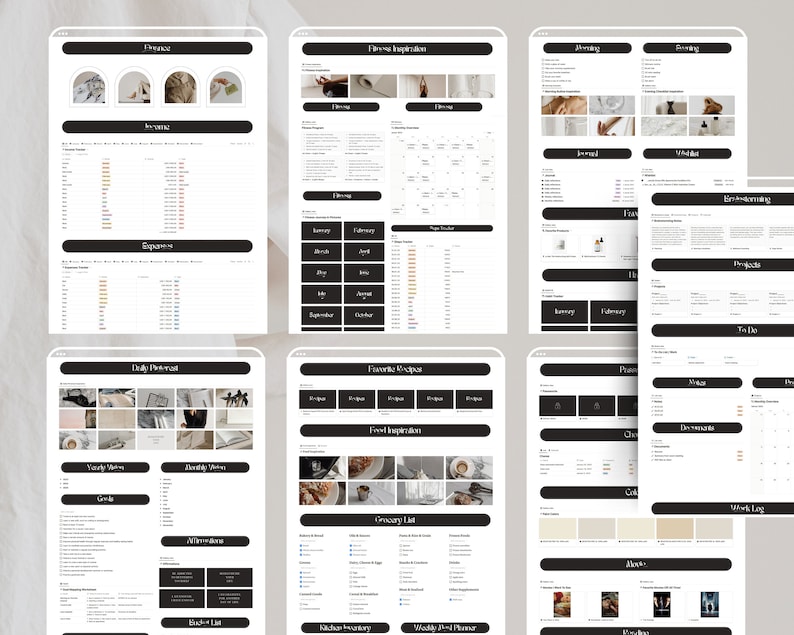 May include: A set of printable planner pages with a minimalist aesthetic. The pages include sections for daily, weekly, and monthly planning, as well as sections for tracking expenses, meals, and fitness goals.