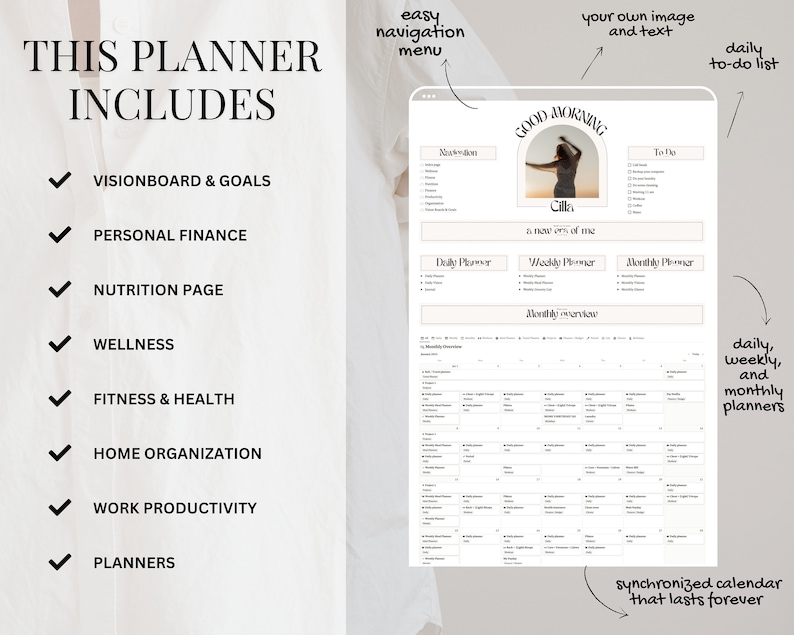 May include: A digital planner with a white background and black text. The planner includes a vision board, personal finance, nutrition page, wellness, fitness and health, home organization, work productivity, and daily, weekly, and monthly planners. The planner also includes a synchronized calendar that lasts forever.