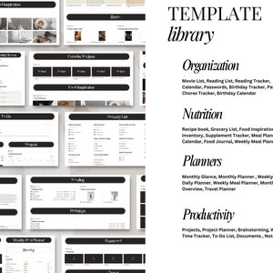 May include: A black and white graphic design template library with categories for organization, nutrition, planners, and productivity. The template library includes a variety of printable planner pages, including a grocery list, meal planner, to-do list, and more.