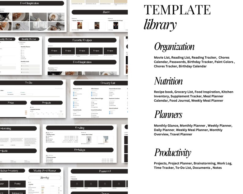 May include: A black and white graphic design template library with categories for organization, nutrition, planners, and productivity. The template library includes a variety of printable planner pages, including a grocery list, meal planner, to-do list, and more.