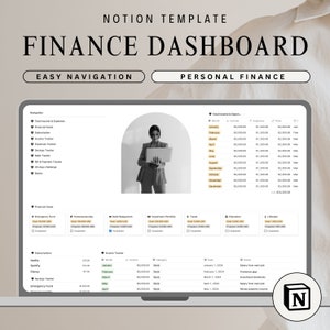 May include: A screenshot of a Notion template for a personal finance dashboard. The template includes sections for tracking income and expenses, financial goals, subscriptions, savings, debt, and more. The template also includes a section for tracking income and expenses by month. The template is designed to help users manage their personal finances.