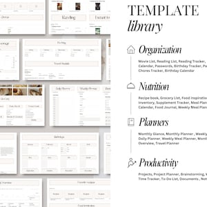 May include: A digital template library with categories for organization, nutrition, planners, and productivity. The categories are illustrated with icons and include a list of printable templates.