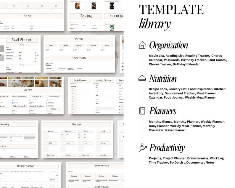 May include: A digital template library with categories for organization, nutrition, planners, and productivity. The categories are illustrated with icons and include a list of printable templates.