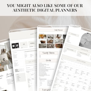 May include: A collection of digital planner templates with a minimalist aesthetic. The templates include sections for daily, weekly, and monthly planning, as well as goal setting and vision boards. The templates are designed to help users stay organised and motivated.