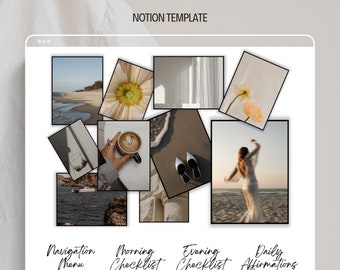 Può includere: Un pianificatore Notion digitale intitolato "THAT GIRL NOTION PLANNER" con sfondo bianco. Il modello include sezioni per la navigazione, liste di controllo mattutine e serali e affermazioni quotidiane. Il design incorpora varie immagini estetiche.