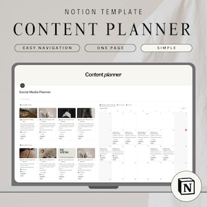 May include: A screenshot of a Notion template for a content planner. The template includes a calendar view for scheduling social media posts and a section for planning content ideas. The text "Content planner" is displayed at the top of the screen.
