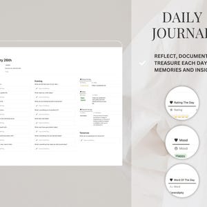 K&ouml;nnte beinhalten: Eine digitale Tagesjournal-Vorlage mit wei&szlig;em Hintergrund und einem rosa Herzsymbol. Oben auf der Seite steht der Text "January 26th". Die Seite ist in drei Abschnitte unterteilt: Morgen, Abend und Morgen. Jeder Abschnitt enth&auml;lt eine Liste von Aufforderungen zum Journaling. Am unteren Rand der Seite befinden sich au&szlig;erdem drei Symbole: Bewertung des Tages, Stimmung und Wort des Tages.