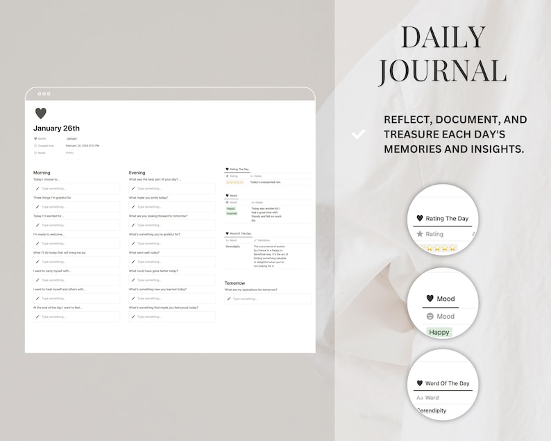 K&ouml;nnte beinhalten: Eine digitale Tagesjournal-Vorlage mit wei&szlig;em Hintergrund und einem rosa Herzsymbol. Oben auf der Seite steht der Text "January 26th". Die Seite ist in drei Abschnitte unterteilt: Morgen, Abend und Morgen. Jeder Abschnitt enth&auml;lt eine Liste von Aufforderungen zum Journaling. Am unteren Rand der Seite befinden sich au&szlig;erdem drei Symbole: Bewertung des Tages, Stimmung und Wort des Tages.