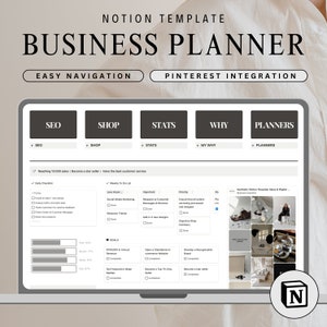 Peut inclure: Un écran d'ordinateur affichant un modèle Notion pour un planificateur d'entreprise. Le modèle est divisé en sections pour le référencement, la boutique, les statistiques, pourquoi et les planificateurs. Le modèle comprend une liste de contrôle, des objectifs et une section pour des idées de modèles Notion esthétiques et une inspiration commerciale numérique. L'écran est entouré d'un fond blanc et un logo Notion se trouve dans le coin inférieur droit.