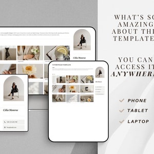 K&ouml;nnte beinhalten: Eine digitale Portfolio-Vorlage, die auf einem Laptop, Tablet und Telefon angezeigt wird. Die Vorlage zeigt ein klares, minimalistisches Design mit Bildern und Text. Der Text lautet "Cilla Monroe" und "Was ist so erstaunlich an dieser Vorlage? Sie k&ouml;nnen &uuml;berall darauf zugreifen!"