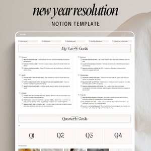 Puede incluir: Una plantilla digital de Notion con un diseño minimalista, con el tema de 'Resolución de Año Nuevo'. La plantilla incluye secciones para objetivos anuales y trimestrales, con indicaciones para la planificación personal, empresarial, de salud, estilo de vida, relaciones y financiera.