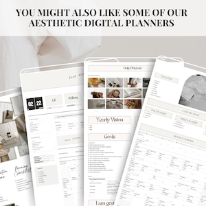 May include: A collection of digital planner pages with a neutral color scheme. The pages include sections for daily, weekly, and monthly planning, as well as goal setting and vision boards. The pages are designed to be aesthetically pleasing and functional.