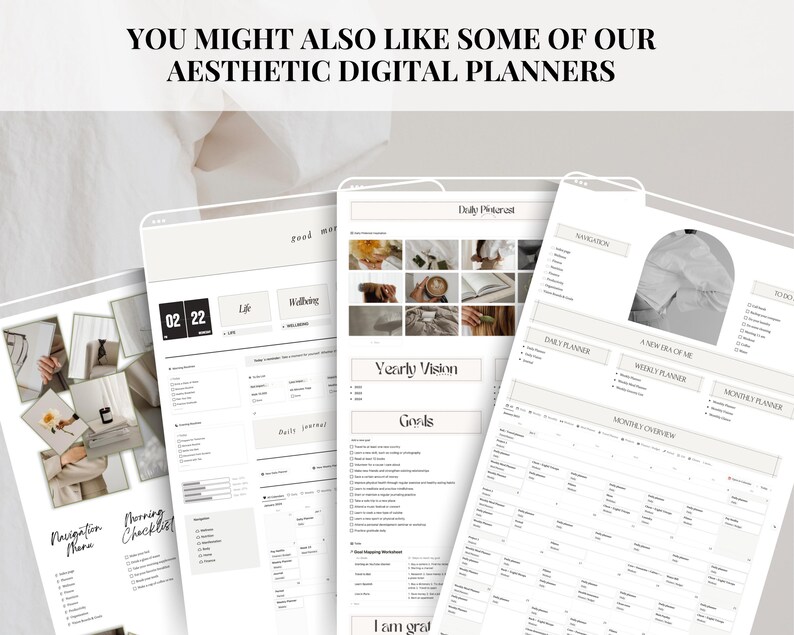 May include: A collection of digital planner pages with a neutral color scheme. The pages include sections for daily, weekly, and monthly planning, as well as goal setting and vision boards. The pages are designed to be aesthetically pleasing and functional.