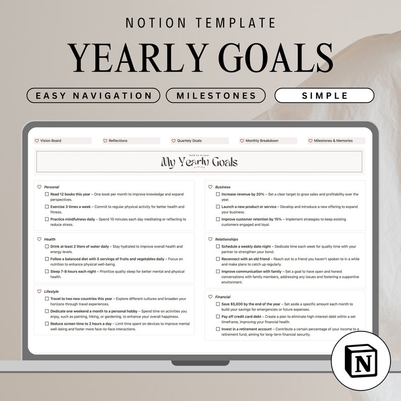 Notion goal planner template for quarterly goals and milestones tracking