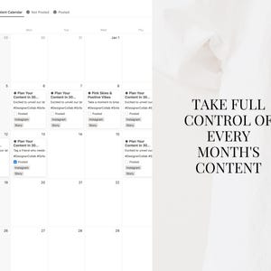 May include: A monthly content calendar for January 2025 with a white background and black text. The calendar is divided into days of the week and each day has a box for content ideas. The boxes are filled with content ideas such as "Plan Your Content in 30", "Pink Skies & Positive Vibes", and "Tag a friend who needs a design collab". The text "TAKE FULL CONTROL OF EVERY MONTH'S CONTENT" is written in black text on a white background.