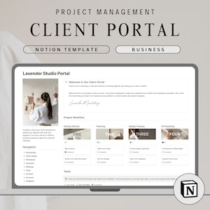 Puede incluir: Una captura de pantalla de una plantilla de Notion para un portal de clientes. La plantilla está diseñada para una empresa llamada Lavender Studio. La plantilla incluye secciones para el flujo de trabajo del proyecto, la puesta en marcha, la planificación, el proceso de diseño y la salida. La plantilla también incluye una sección para las tareas, que enumera todas las tareas que deben completarse.