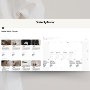 May include: A screenshot of a content planner website with a calendar view. The calendar shows dates in January 2023. The website has a section for "Social Media Planner" with several image thumbnails and text descriptions. The text "Content Planner" is at the top of the page.