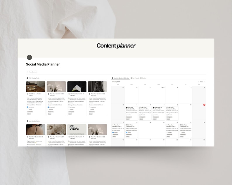 May include: A screenshot of a content planner website with a calendar view. The calendar shows dates in January 2023. The website has a section for "Social Media Planner" with several image thumbnails and text descriptions. The text "Content Planner" is at the top of the page.