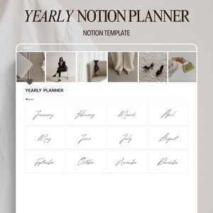 May include: A Notion template for a yearly planner with a white background and black text. The template is divided into twelve sections, one for each month of the year. The months are labelled with handwritten text.