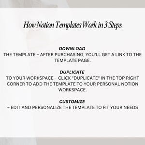 May include: A white background with black text explaining how to use Notion templates in three steps: download, duplicate, and customize.