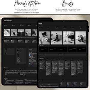 May include: Two dark gray computer screens with the words "Manifestation" and "Body" at the top. The left screen shows a template for a manifestation journal with sections for wellness, nutrition, manifestation, body, home, and finance. The right screen shows a template for a body transformation journal with sections for wellness, nutrition, manifestation, body, home, and finance. The right screen also includes a workout planner and a step tracker.