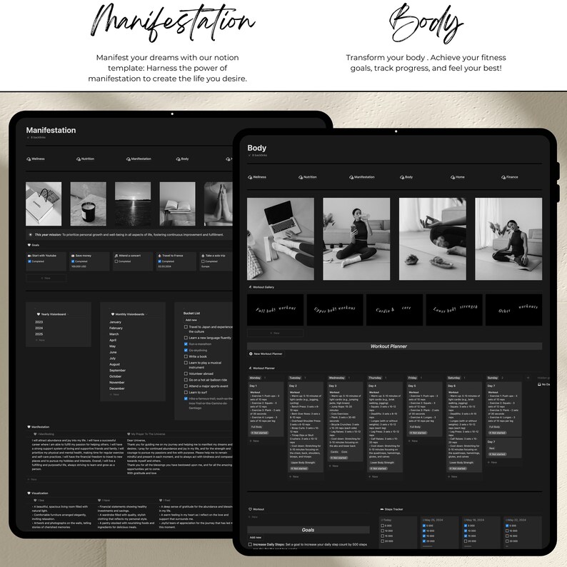May include: Two dark gray computer screens with the words "Manifestation" and "Body" at the top. The left screen shows a template for a manifestation journal with sections for wellness, nutrition, manifestation, body, home, and finance. The right screen shows a template for a body transformation journal with sections for wellness, nutrition, manifestation, body, home, and finance. The right screen also includes a workout planner and a step tracker.