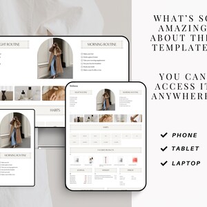May include: A digital template for a wellness routine planner. The template includes sections for night routine, morning routine, habits, and other areas. The template is shown on a phone, tablet, and laptop.
