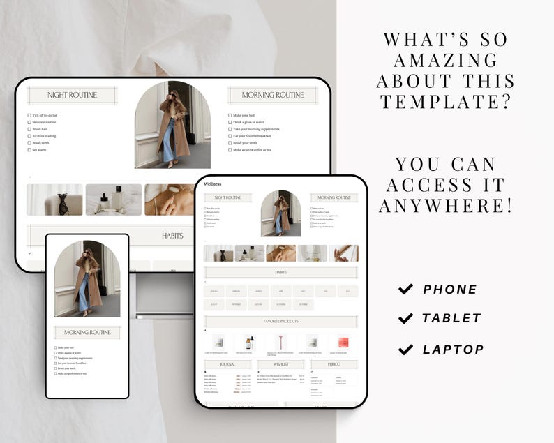 May include: A digital template for a wellness routine planner. The template includes sections for night routine, morning routine, habits, and other areas. The template is shown on a phone, tablet, and laptop.
