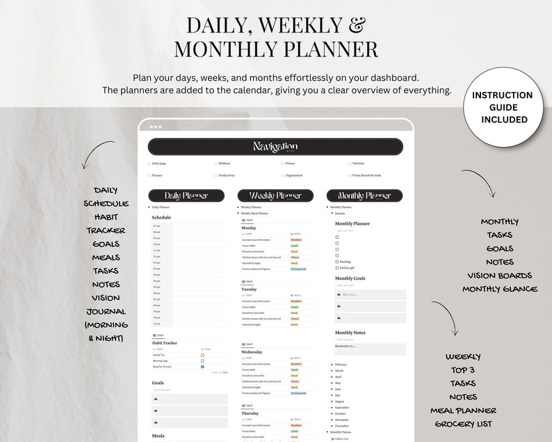 May include: A digital planner template with a white background and black text. The template includes daily, weekly, and monthly planners. The text "DAILY, WEEKLY & MONTHLY PLANNER" is at the top of the image. The text "INSTRUCTION GUIDE INCLUDED" is in the top right corner of the image.