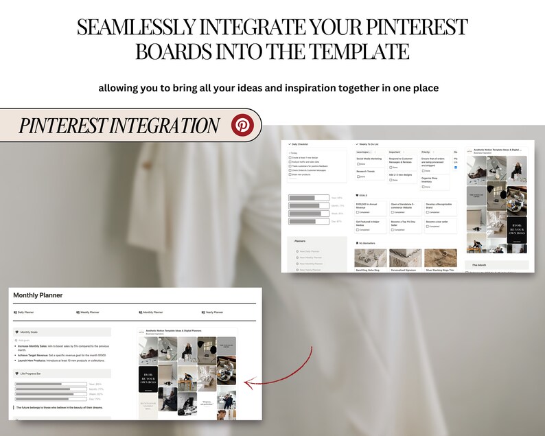 Puede incluir: Una captura de pantalla de una pantalla de ordenador que muestra una plantilla de planificador mensual con una secci&oacute;n para tableros de Pinterest. La plantilla incluye secciones para objetivos mensuales, progreso de la vida y un planificador mensual. La secci&oacute;n de tableros de Pinterest muestra una cuadr&iacute;cula de im&aacute;genes de un tablero de Pinterest.