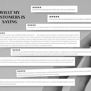 K&ouml;nnte beinhalten: Graue Grafik mit dem Text "WHAT MY CUSTOMERS IS SAYING" und Kundenbewertungen. Die Bewertungen sind in wei&szlig;em Text auf grauen Rechtecken mit Sternbewertungen. Die Bewertungen loben die Organisation, Benutzerfreundlichkeit und N&uuml;tzlichkeit des Produkts.