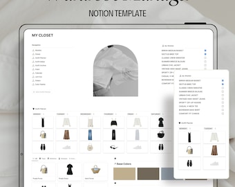 Notion Template Garderobenplaner Outfit-Planer Digitaler Schrank-Organizer, Mode-Dashboard, Kleidung, Accessoires